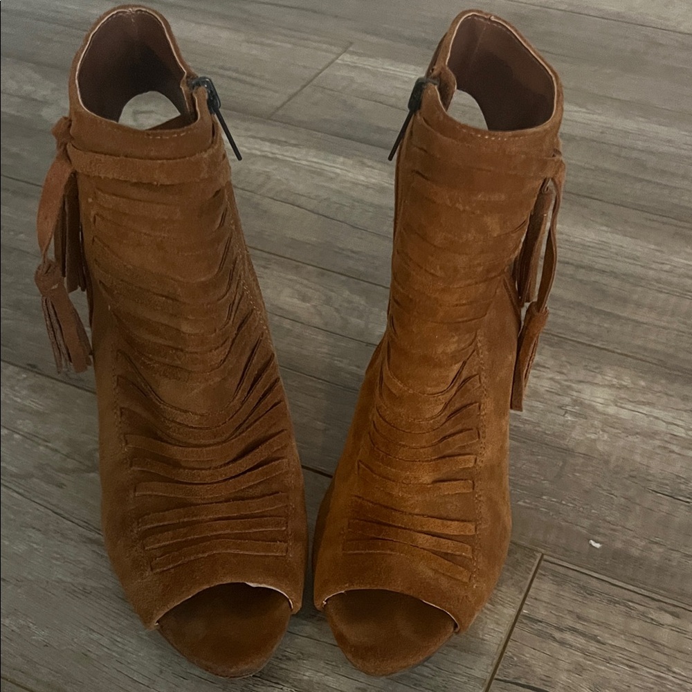 Vince Camuto Tan Suede Peep-Toe Booties